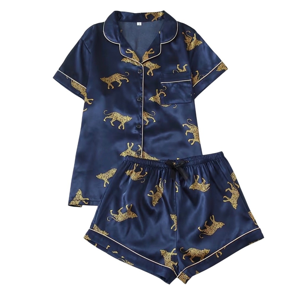 Womens Navy Blue Gold Leopard Print Satin Pajama Set Short Sleeve Shorts XL NEW
